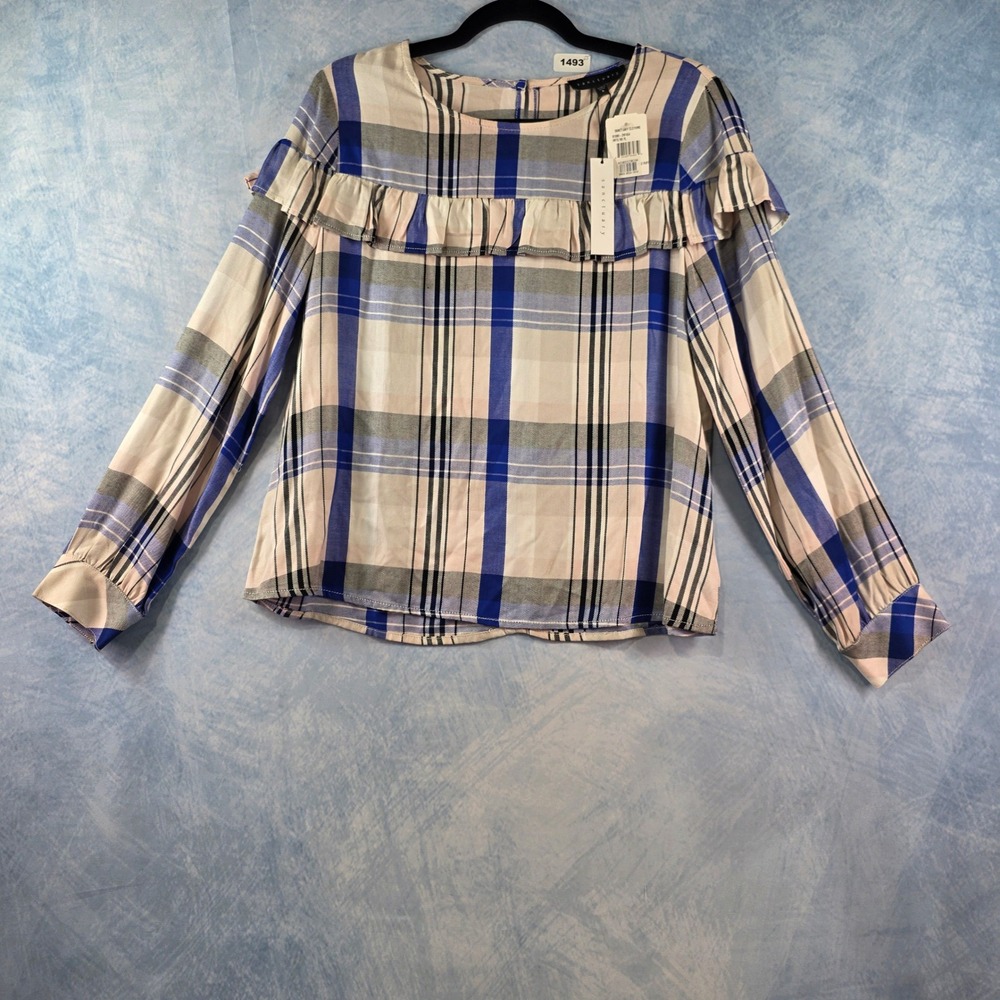 Sanctuary Heritage Ruffle Plaid Blouse Blue White‎ Tan Long Sleeve Top